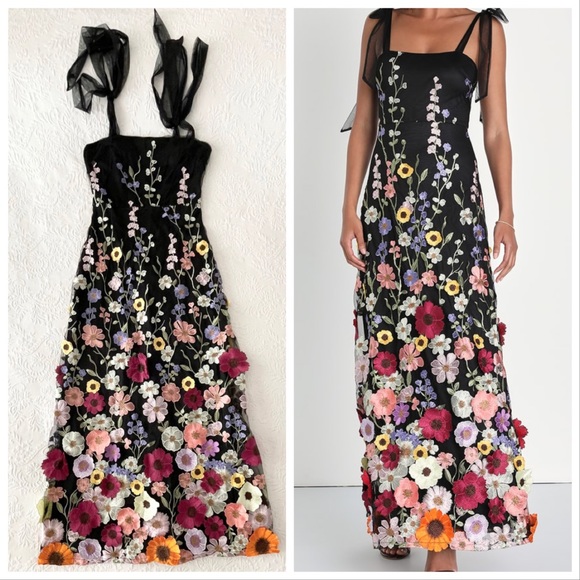 NWOT Lulus Thriving Poise Black 3D Floral Embroidered Tie-Strap Maxi Dress Large - Picture 1 of 8